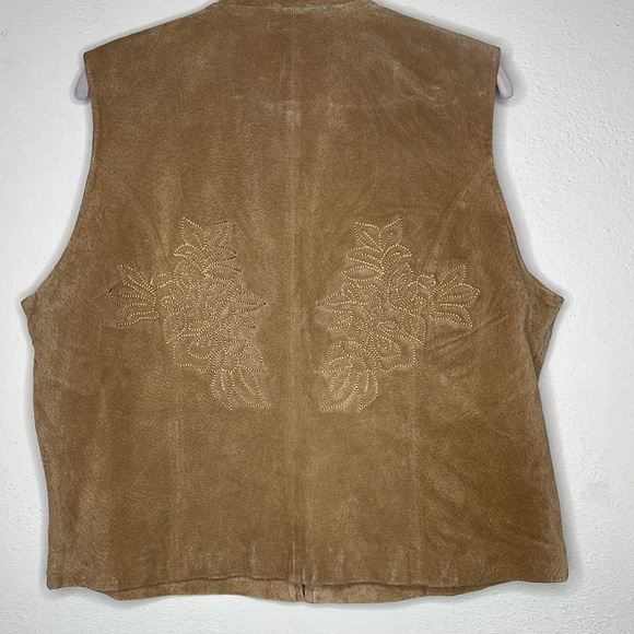 Coldwater creek suede zippered embroidered floral vest honey brown suede, size L - Picture 4 of 6